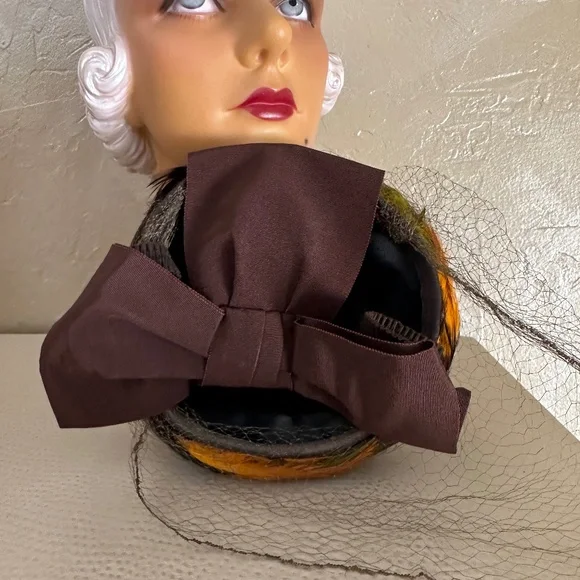 DEBONAIR 1930s' TILT HAT COVERED BY MULTICOLORED FEATHERS + BACK STRAP + VEIL